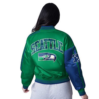 Women's Starter College Navy/Neon Green Seattle Seahawks Zone Blitz Cropped Full-Snap Satin Jacket