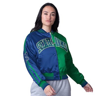 Women's Starter College Navy/Neon Green Seattle Seahawks Zone Blitz Cropped Full-Snap Satin Jacket