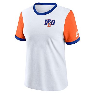 Women's Nike White/Orange Denver Broncos Rewind Ringer T-Shirt