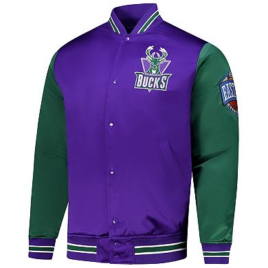 Men's Mitchell & Ness Purple Milwaukee Bucks Hardwood Classic Primetime Full-Snap Satin Jacket