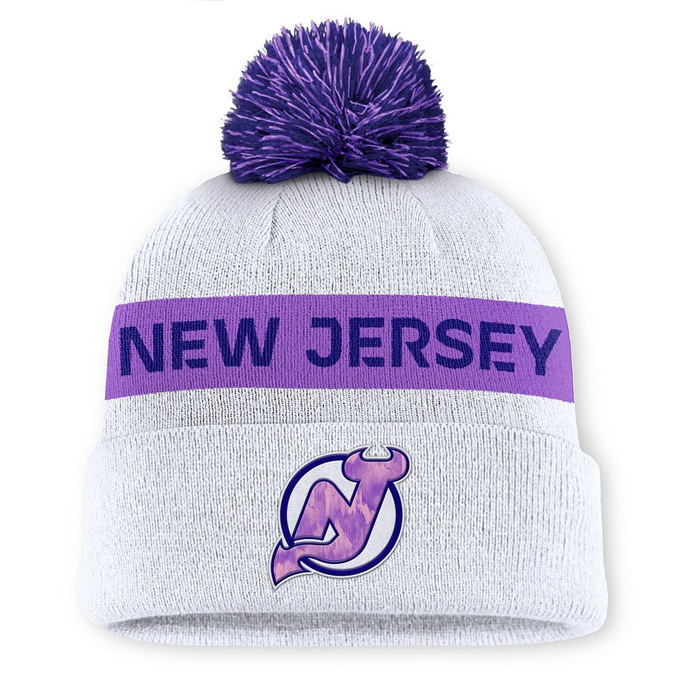 Men's Fanatics White New Jersey Devils Hockey Fights Cancer Authentic Pro Cuffed Knit Hat with Pom Men's Fanatics White New Jersey Devils Hockey Fights Cancer Authentic Pro Cuffed Knit Hat with Pom