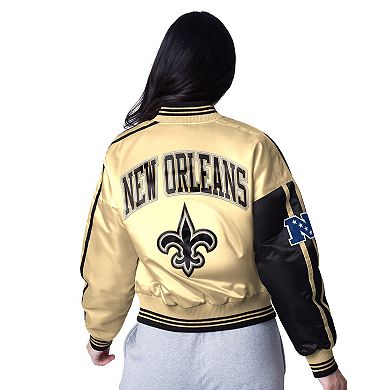 Women's Starter Black/Gold New Orleans Saints Zone Blitz Cropped Full-Snap Satin Jacket