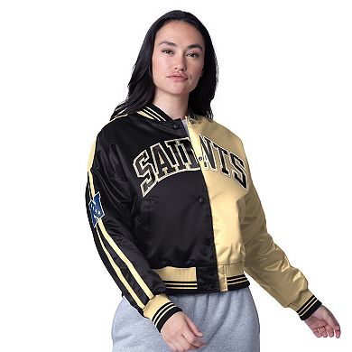 Women's Starter Black/Gold New Orleans Saints Zone Blitz Cropped Full-Snap Satin Jacket