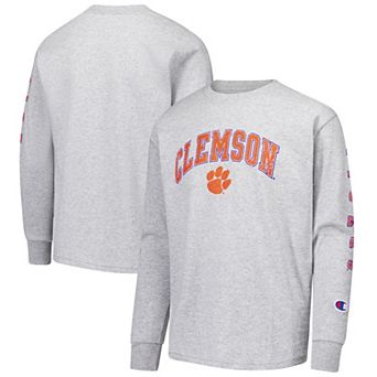 Youth Champion Gray Clemson Tigers Distressed Arch Over Logo Long Sleeve T-Shirt