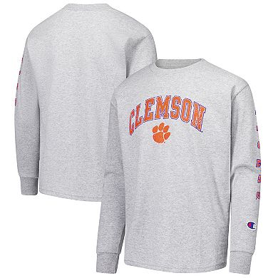 Youth Champion Gray Clemson Tigers Distressed Arch Over Logo Long Sleeve T-Shirt