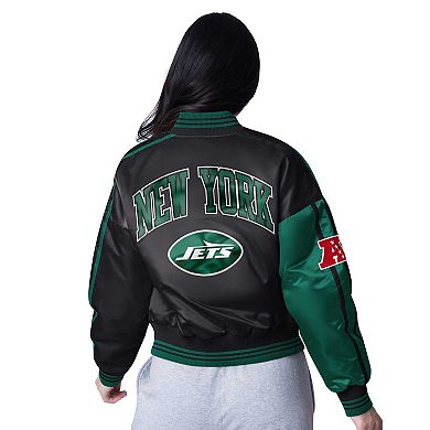 Women's Starter Green/Black New York Jets Zone Blitz Cropped Full-Snap Satin Jacket