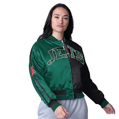 Women's Starter Green/Black New York Jets Zone Blitz Cropped Full-Snap Satin Jacket