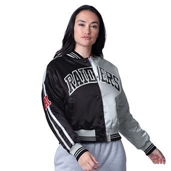 Women's Starter Black/Silver Las Vegas Raiders Zone Blitz Cropped Full-Snap Satin Jacket