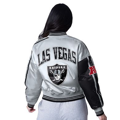 Women's Starter Black/Silver Las Vegas Raiders Zone Blitz Cropped Full-Snap Satin Jacket