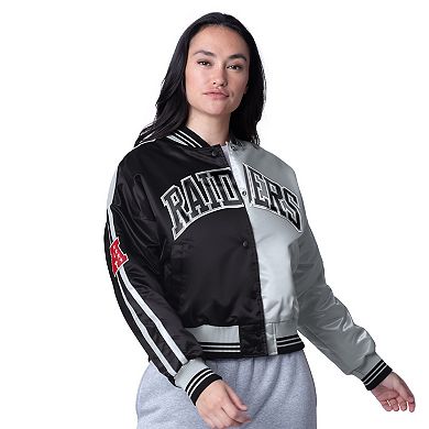 Women's Starter Black/Silver Las Vegas Raiders Zone Blitz Cropped Full-Snap Satin Jacket