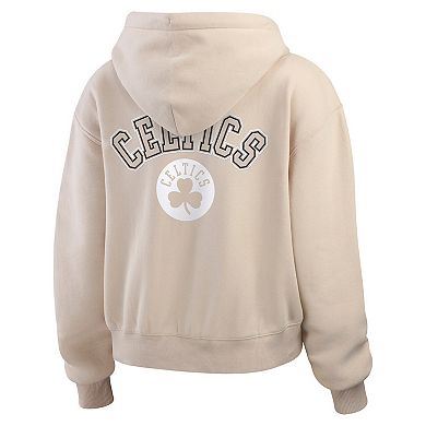 Women's WEAR by Erin Andrews Cream Boston Celtics Plus Size Tonal Felt Patch Full-Zip Hoodie