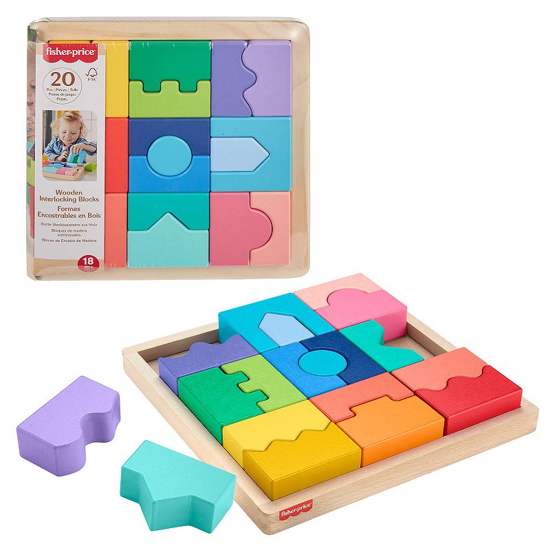 Fisher-Price 20-Piece Wooden Interlocking Blocks Puzzle for Toddlers & Kids, Multi