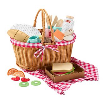 Fisher-Price 31 pc Wooden Picnic Basket & Food Pretend Play Set for Preschool Kids