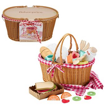 Fisher-Price 31 pc Wooden Picnic Basket & Food Pretend Play Set for Preschool Kids