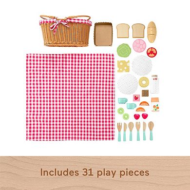 Fisher-Price 31-Piece Wooden Picnic Basket & Food Pretend Play Set for Preschool Kids