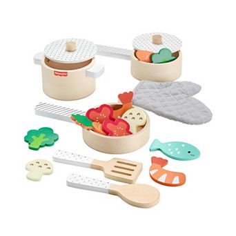 Fisher-Price 19 pc Wooden Pots & Pans Set for Preschool Kitchen Pretend Play
