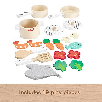 Fisher-Price 19-Piece Wooden Pots & Pans Set for Preschool Kitchen Pretend Play