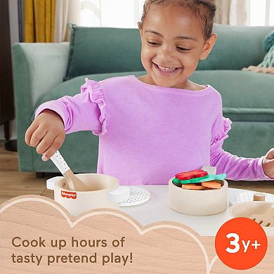 Fisher-Price 19-Piece Wooden Pots & Pans Set for Preschool Kitchen Pretend Play