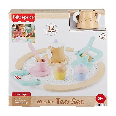 Fisher-Price 12-Piece Wooden Tea Party Set for Preschool Pretend Play