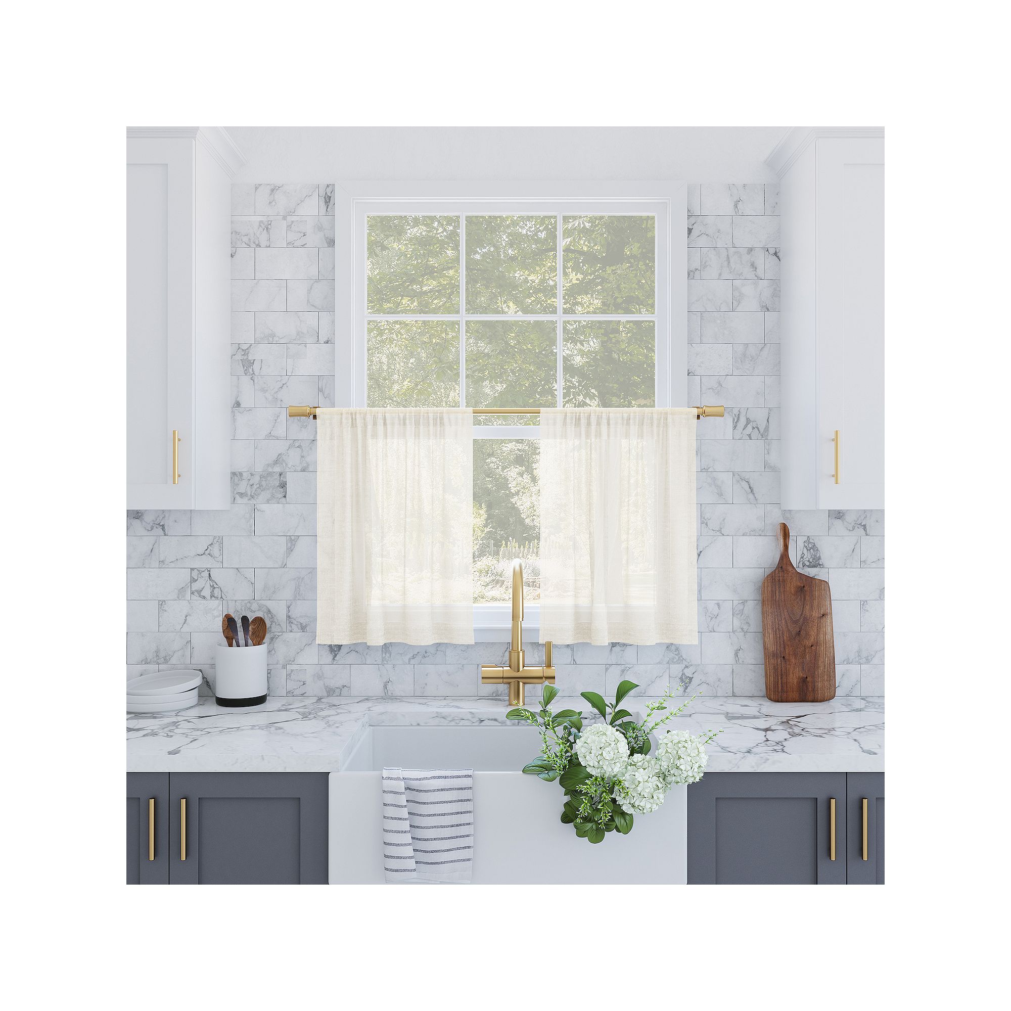 Archaeo Slub Textured Linen Blend Cafe Curtain Set, Ivory