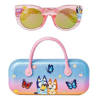 Girls Bluey Pink With Flowers Cat Eye Sunglasses With Hard Case 2-Piece Set