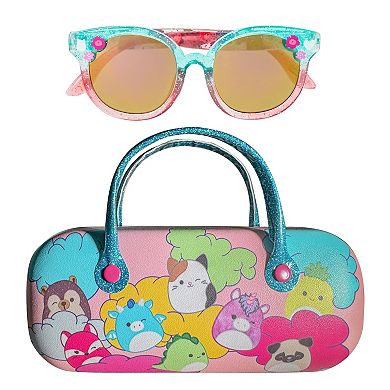Girls Squishmallow Pink And Teal Glitter Cat Eye Sunglasses With Hard Case 2-Piece Set