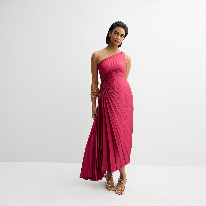 women's nicole miller keyhole pleat one-shoulder asymmetric hem midi dress One Shoulder Pleated Asymmetrical Y2k 2000s Charlotte Russe Shop By Size Color:BK Crisp pleats and a