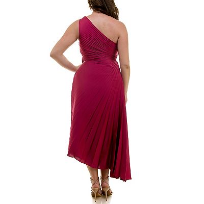 Women's Nicole Miller One Shoulder Pleated Asymmetrical Hem Midi Dress