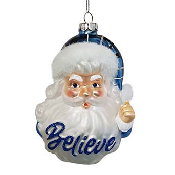Vintage Blue Santa Believe Glass Christmas Ornament