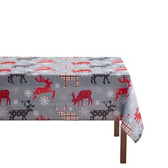 Kate Aurora Holiday Living Plaid Christmas Reindeer and Snowflakes Fabric Tablecloth