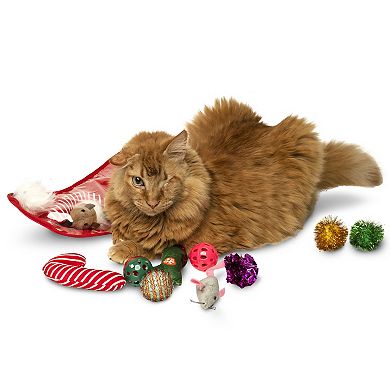 Midlee Christmas Stocking Cat Toy Gift Set (14 Toys)- Candy Canes, Bells, Mice Kitten Holiday Toys