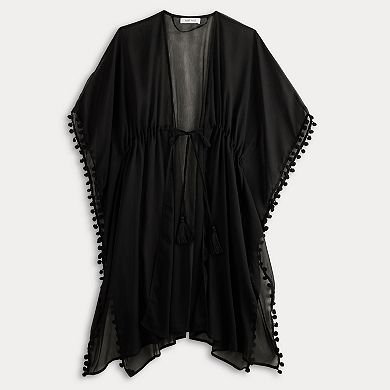 Women's Nine West Solid Chiffon Topper with Mini Pom Trim