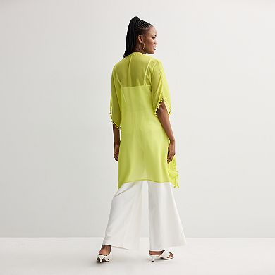 Women's Nine West Solid Chiffon Topper with Mini Pom Trim