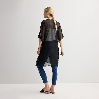 Women's Nine West Solid Chiffon Topper with Mini Pom Trim
