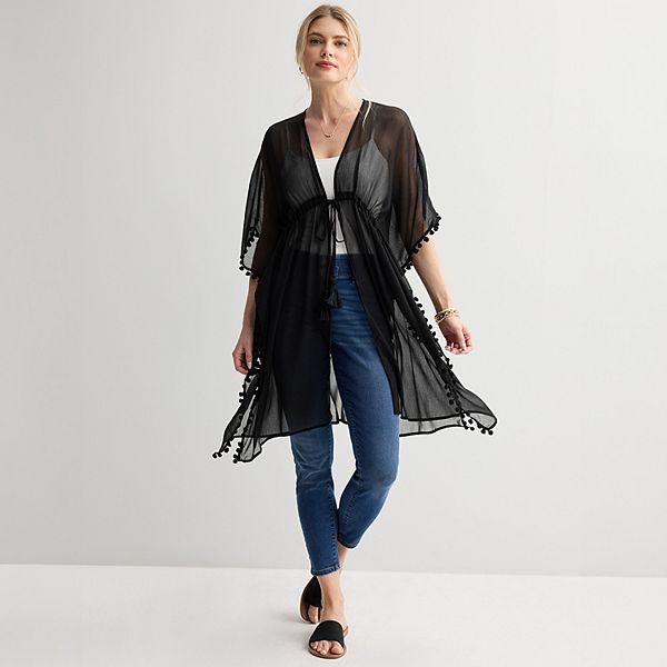 Women's Nine West Solid Chiffon Topper with Mini Pom Trim - Black