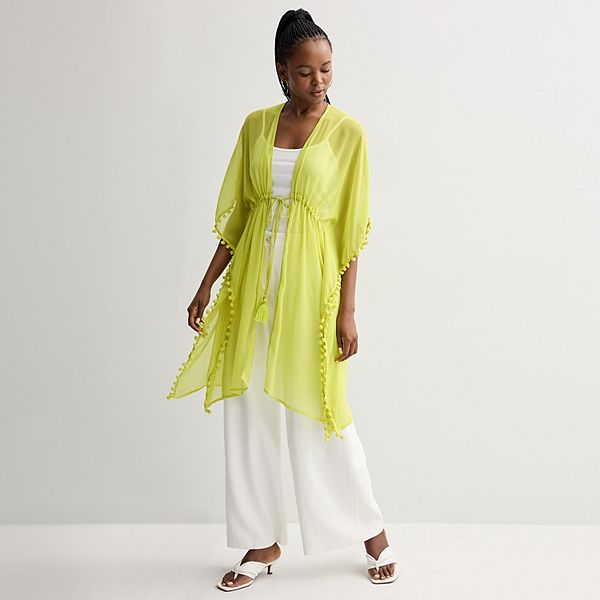 Women's Nine West Solid Chiffon Topper with Mini Pom Trim - Lime