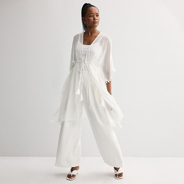 Women's Nine West Solid Chiffon Topper with Mini Pom Trim - White