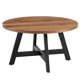 Alaterre Furniture Industrial Round Coffee Table with MDF Top & Metal Base - Walnut