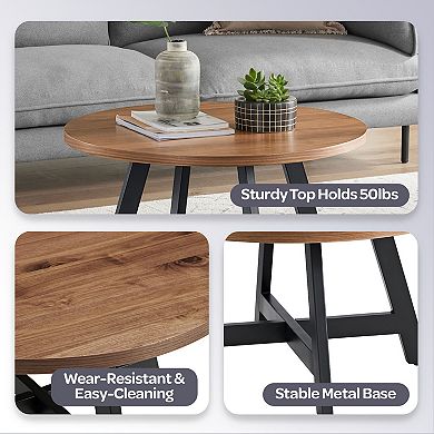 Alaterre Furniture Industrial Round Coffee Table with MDF Top & Metal Base - Walnut