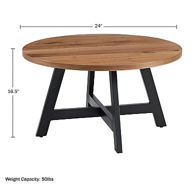 Alaterre Furniture Industrial Round Coffee Table with MDF Top & Metal Base - Walnut