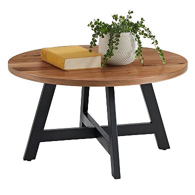 Alaterre Furniture Industrial Round Coffee Table with MDF Top & Metal Base - Walnut