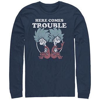 Men's Dr. Seuss Thing 1 And Thing 2 Here Comes Trouble Long Sleeve Graphic Tee