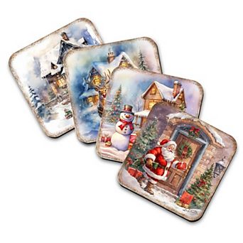 Christmas Is Here Wooden Cork Coasters Gift Set of 4