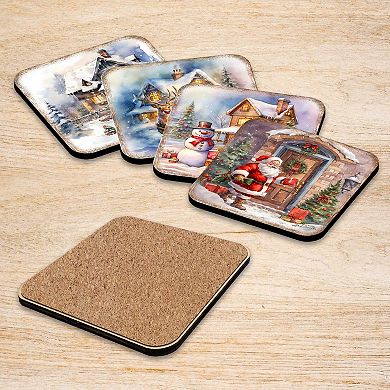Christmas Is Here Wooden Cork Coasters Gift Set of 4
