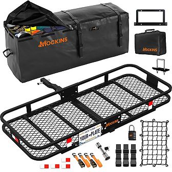 Mockins 60"x20"x6" Hitch Cargo Carrier Folding Hitch Rack w/ 16CuFt. Black Cargo Bag and Accessories