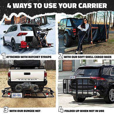 Mockins 60"x20"x6" Hitch Cargo Carrier Folding Hitch Rack w/ 16CuFt. Black Cargo Bag and Accessories