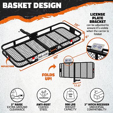 Mockins 60"x20"x6" Hitch Cargo Carrier Folding Hitch Rack w/ 16CuFt. Black Cargo Bag and Accessories