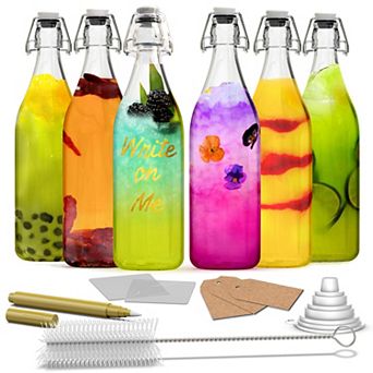 Nevlers 33 oz Round Swing Top Glass Bottles (Pack of 6) Includes Funnel, Brush and Marker