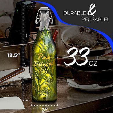 Nevlers 33 oz Round Swing Top Glass Bottles (Pack of 6) Includes Funnel, Brush and Marker