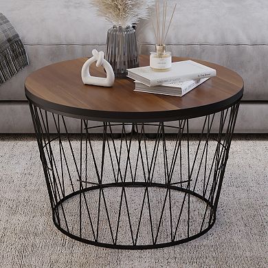 Lavish Home Round Coffee Table with Geometric Metal Base